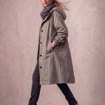 Women's Anthracite Hooded Drawstring Trench Coat, side view, full length.