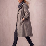 Women's Anthracite Hooded Drawstring Trench Coat, side view, full length.