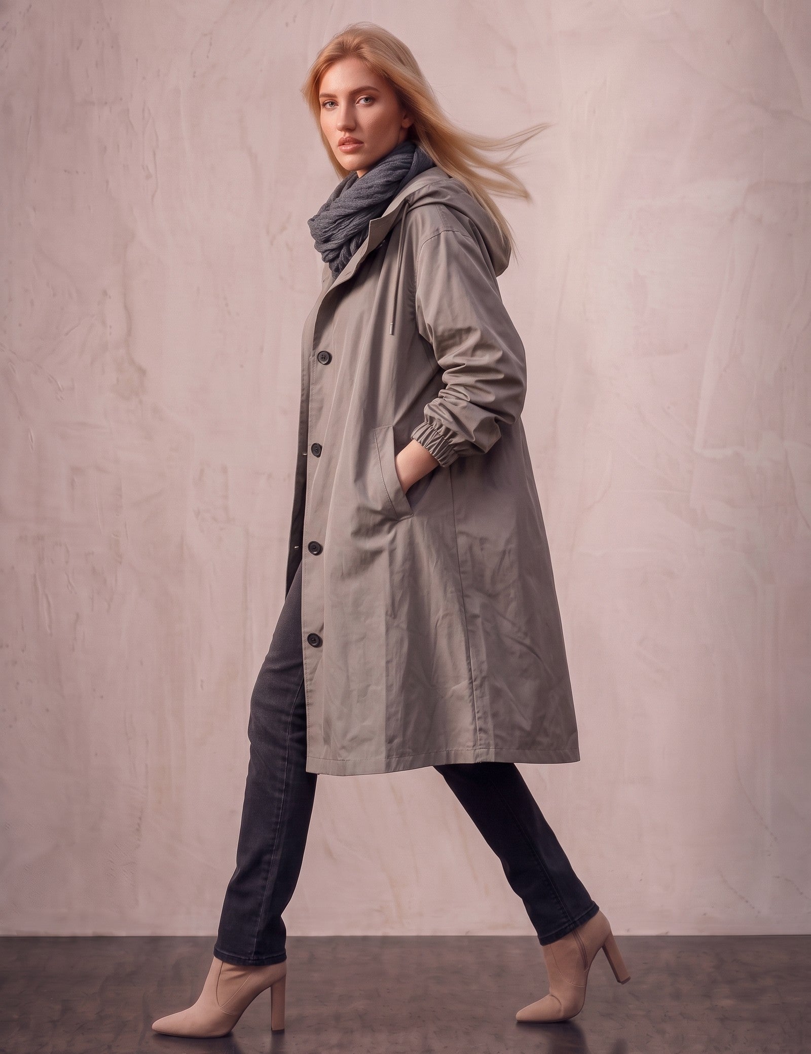 Women's Anthracite Hooded Drawstring Trench Coat, side view, full length.