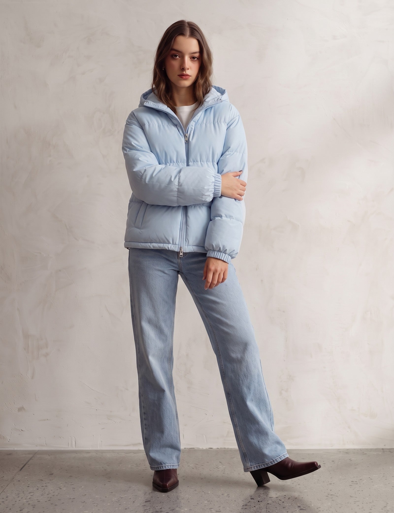 Women's Baby Blue Hooded Puffer Jacket with Pockets, front view, full length.