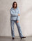 Women's Baby Blue Hooded Puffer Jacket with Pockets, front view, full length.