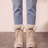 Women's Beige Faux Fur Lined Lace-Up Winter Boots, front view of the shoes, worn.