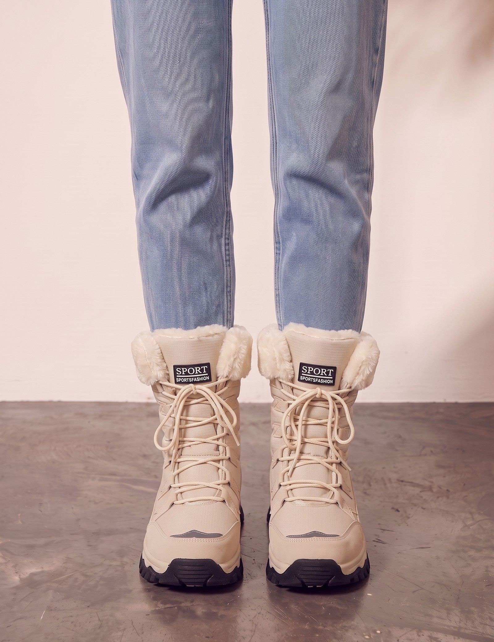Women's Beige Faux Fur Lined Lace-Up Winter Boots, front view of the shoes, worn.