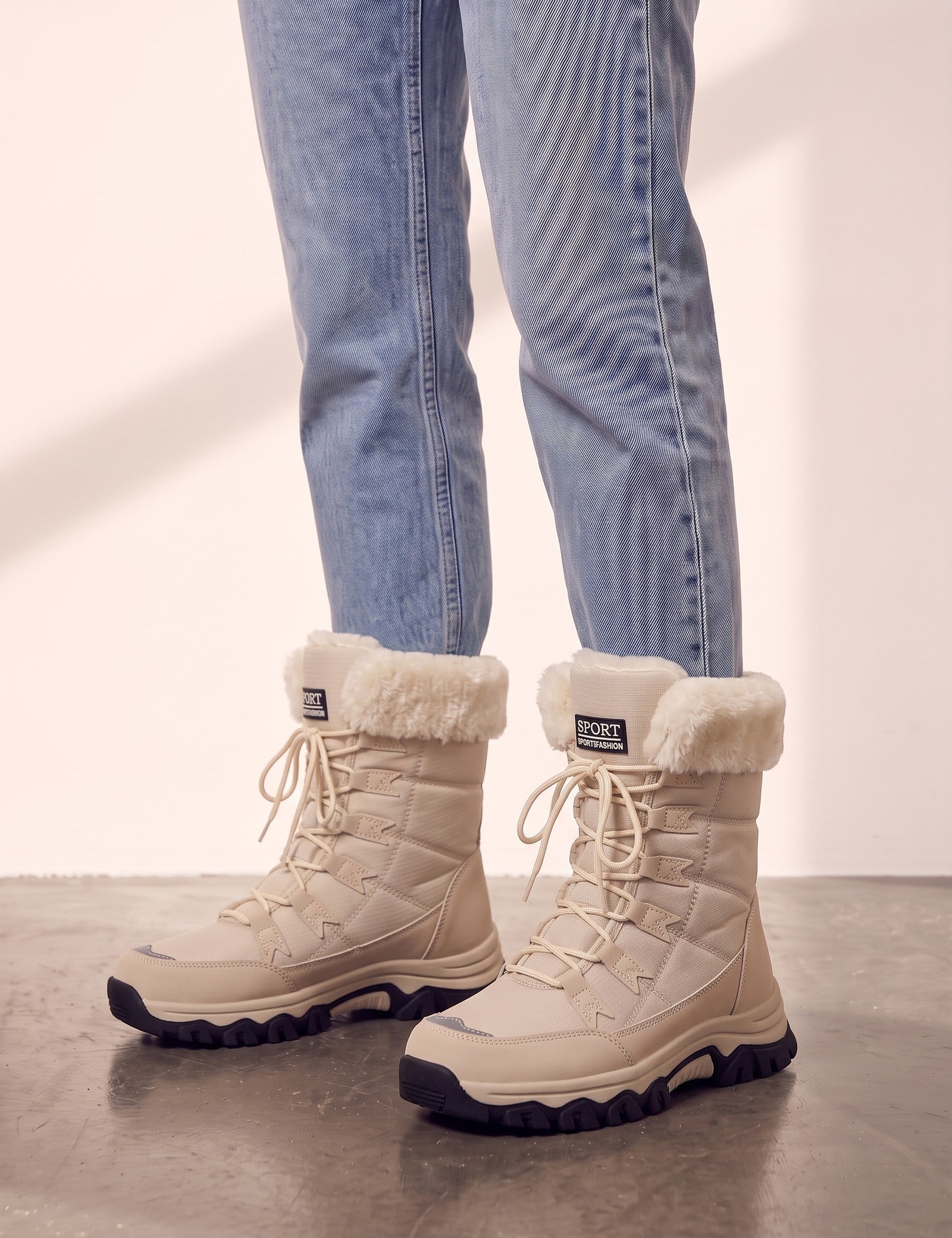 Women's Beige Faux Fur Lined Lace-Up Winter Boots, side view of the shoe, worn.