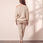 Women's Beige Off-Shoulder Cable Knit Co-ord Set, close-up of the upper body.