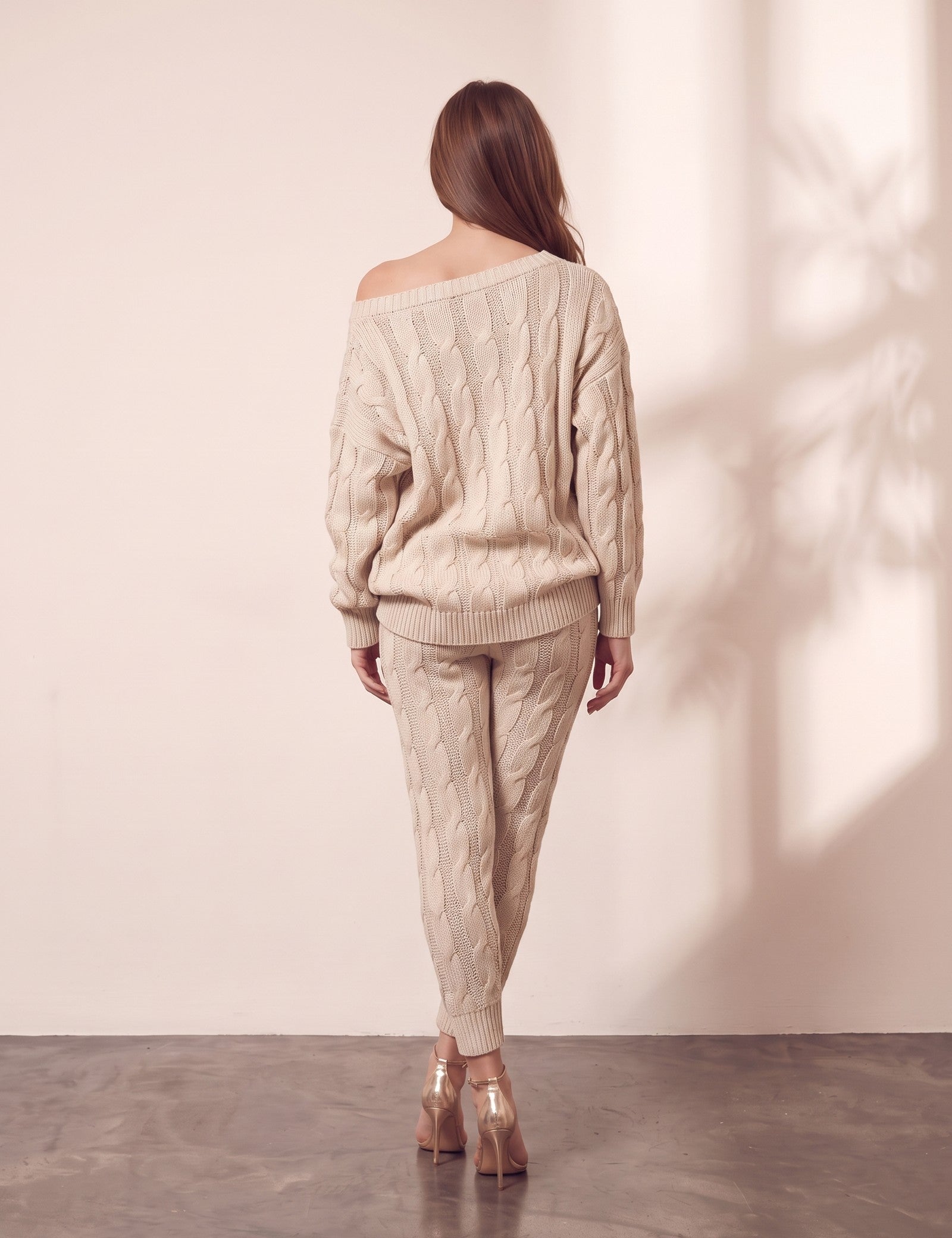 Women's Beige Off-Shoulder Cable Knit Co-ord Set, close-up of the upper body.
