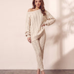 Women's Beige Off-Shoulder Cable Knit Co-ord Set, front view, full length.