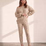 Women's Beige Off-Shoulder Cable Knit Co-ord Set, side view, full length.