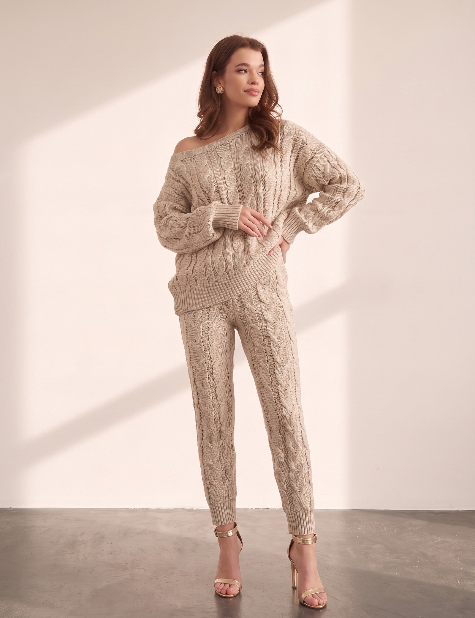Women's Beige Off-Shoulder Cable Knit Co-ord Set, side view, full length.