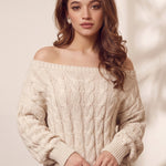 Women's Beige Off-Shoulder Cable Knit Co-ord Set, three-quarter view from the left, full length.