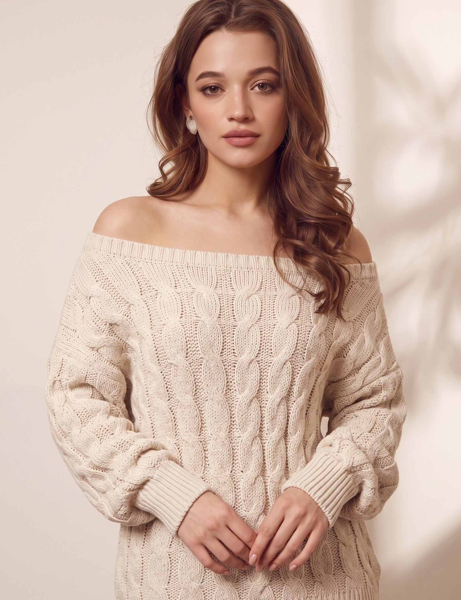 Women's Beige Off-Shoulder Cable Knit Co-ord Set, three-quarter view from the left, full length.