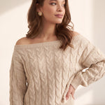 Women's Beige Off-Shoulder Cable Knit Co-ord Set, three-quarter view from the right, full length.
