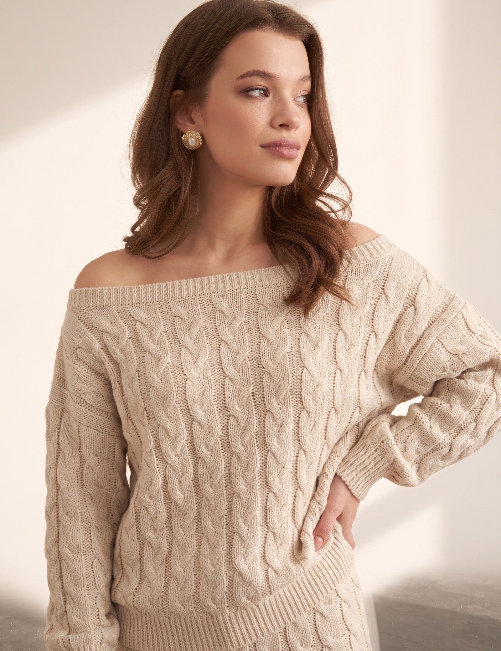 Women's Beige Off-Shoulder Cable Knit Co-ord Set, three-quarter view from the right, full length.