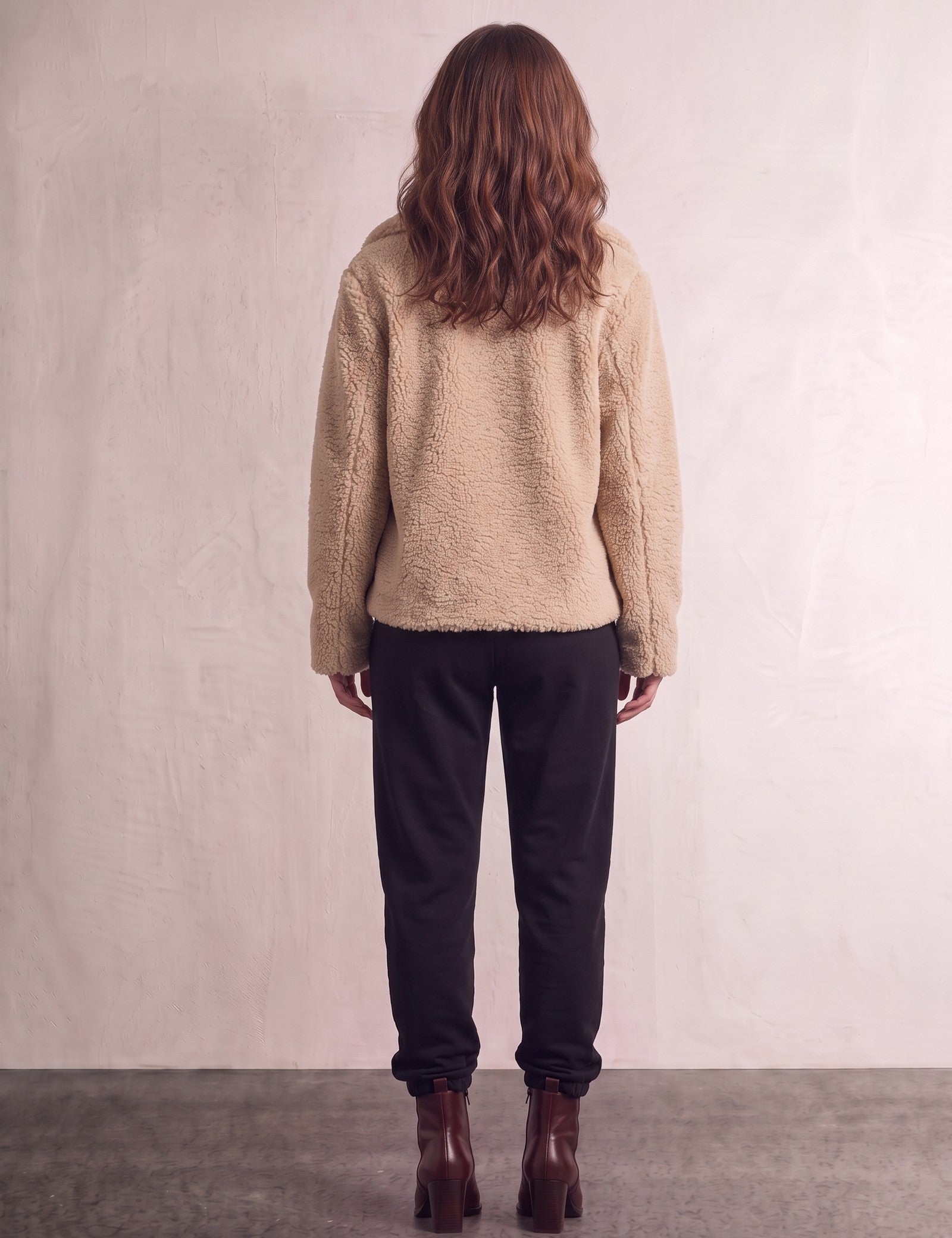 Women's Beige Teddy Jacket with Black Toggle Fastenings, back view, full length.