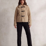 Women's Beige Teddy Jacket with Black Toggle Fastenings, front view, full length.