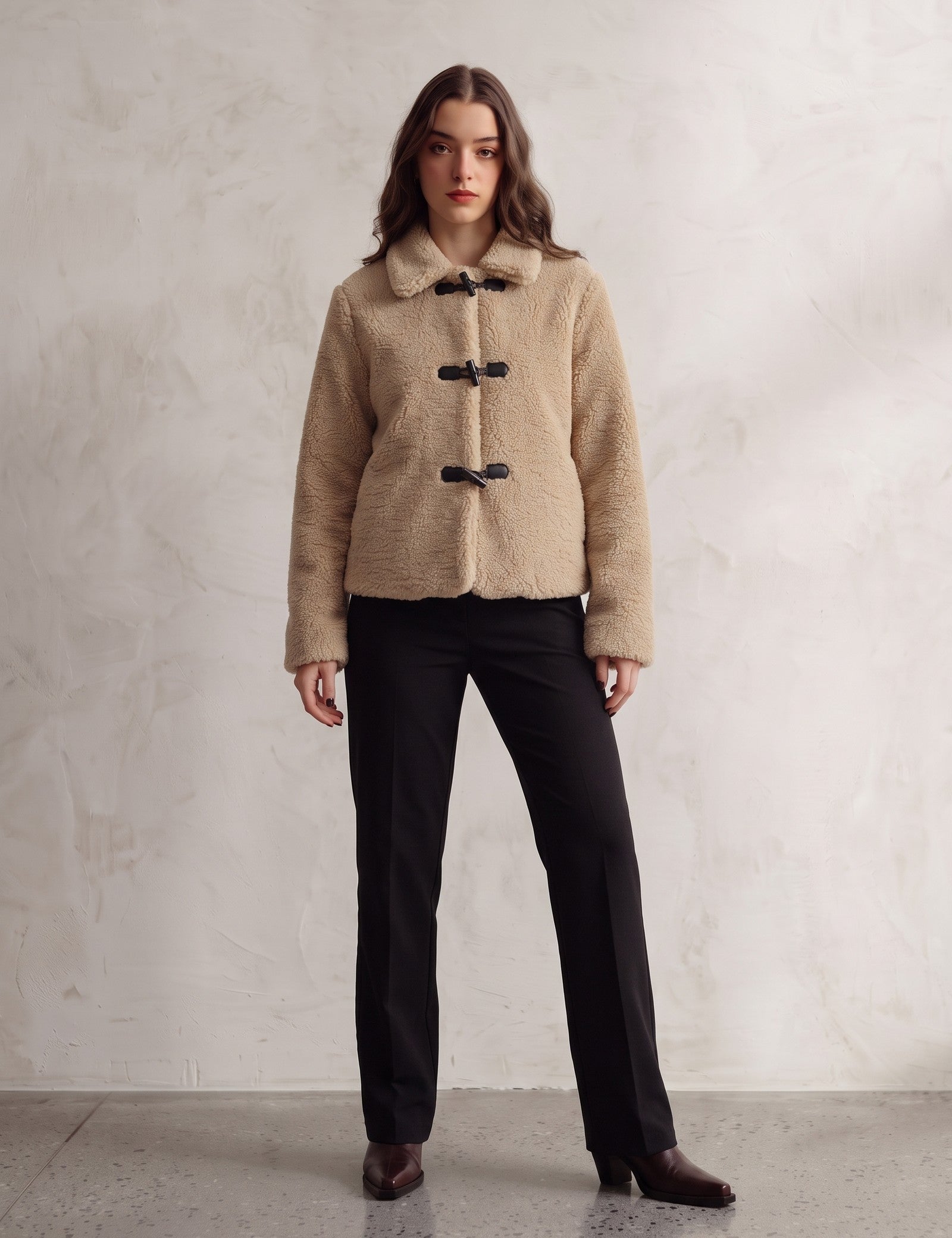 Women's Beige Teddy Jacket with Black Toggle Fastenings, front view, full length.
