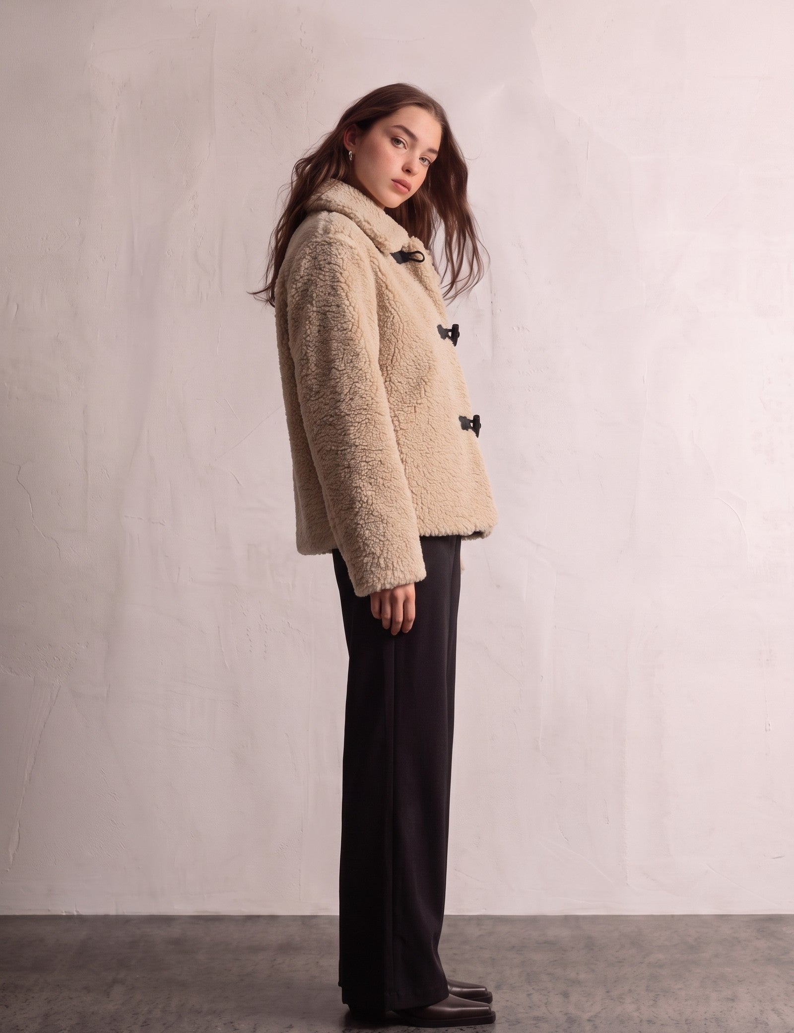 Women's Beige Teddy Jacket with Black Toggle Fastenings, side view, full length.