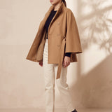 Women's Belted Funnel Neck Cape Coat, three-quarter view from the left, full length