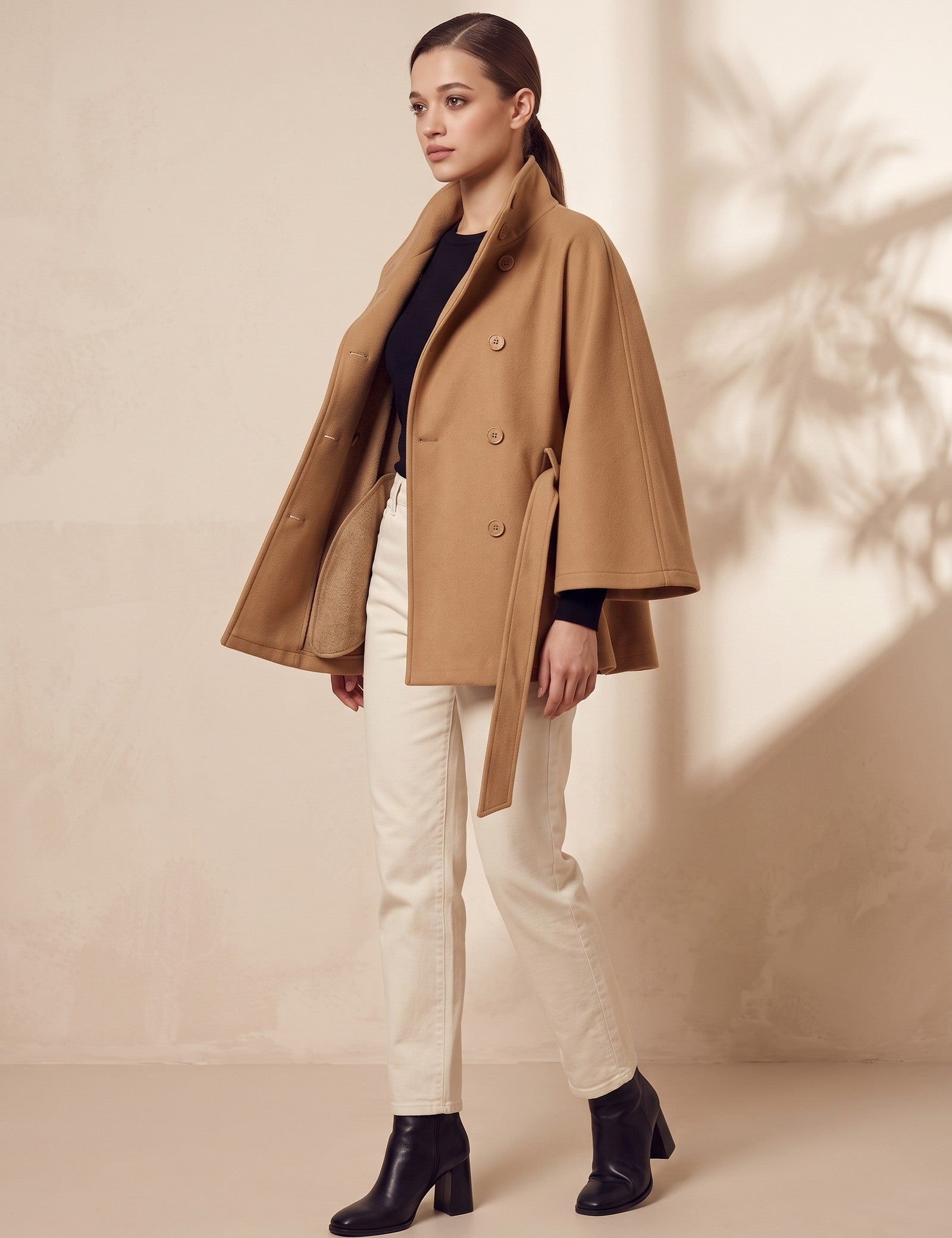 Women's Belted Funnel Neck Cape Coat, three-quarter view from the left, full length