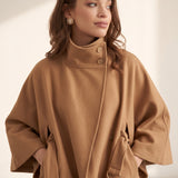 Women's Belted Funnel Neck Cape Coat, three-quarter view from the right, full length