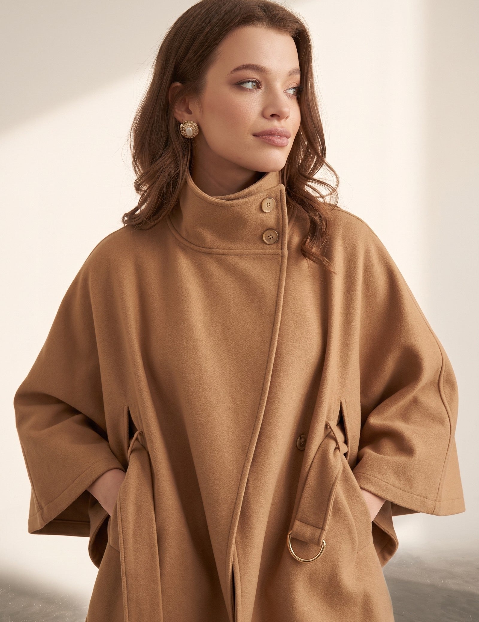 Women's Belted Funnel Neck Cape Coat, three-quarter view from the right, full length