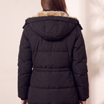 Women's Black Longline Quilted Winter Coat with Hood, close-up of the upper body.