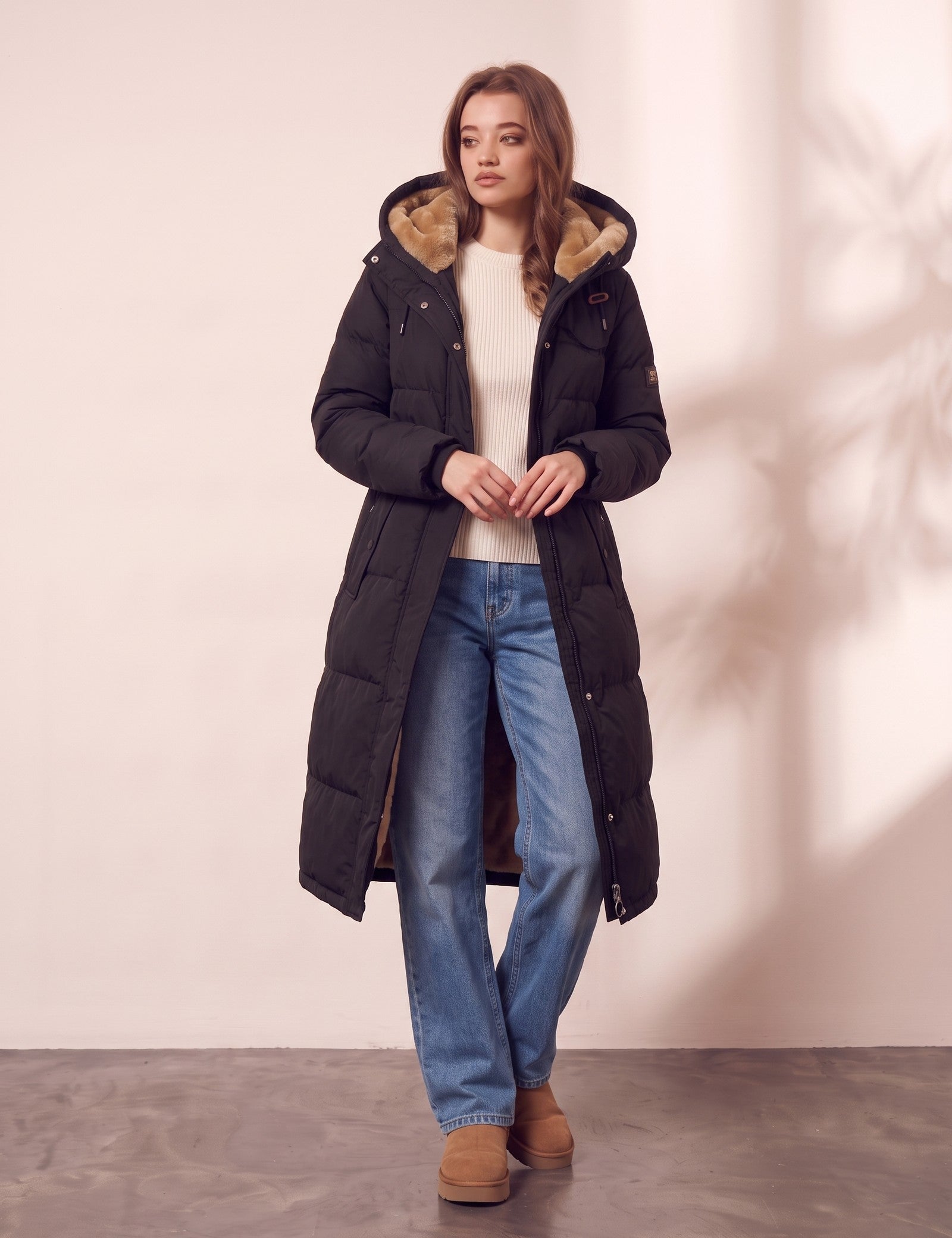 Women's Black Longline Quilted Winter Coat with Hood, front view, full length.