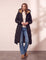 Women's Black Longline Quilted Winter Coat with Hood, front view, full length.
