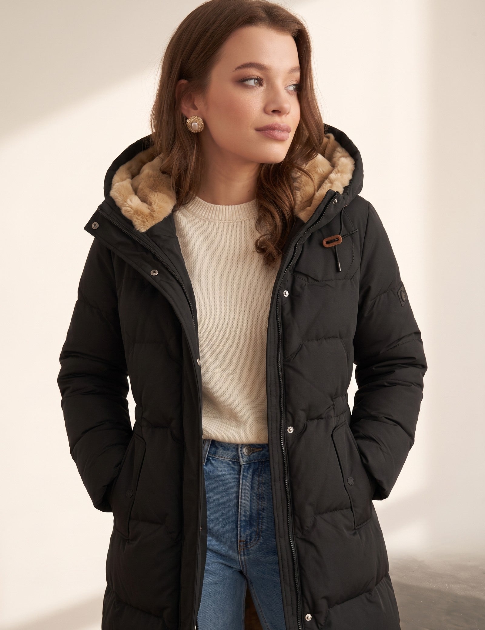 Women's Black Longline Quilted Winter Coat with Hood, three-quarter view from the right, full length.