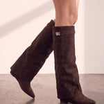 Women's Black Pointed-Toe Fold-Over Knee-High Boots - Brown, close-up of the upper body.