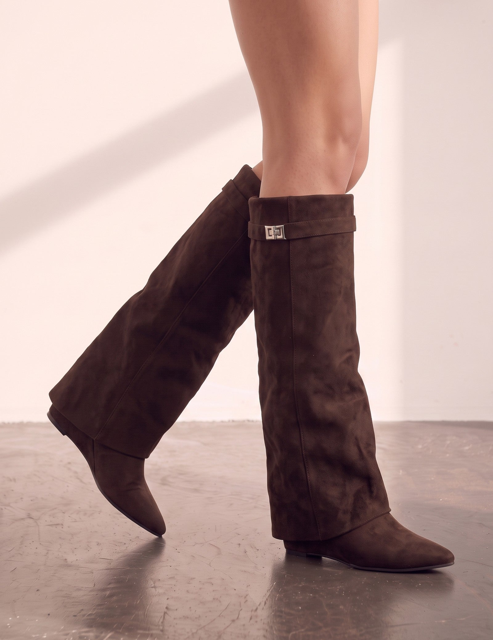 Women's Black Pointed-Toe Fold-Over Knee-High Boots - Brown, close-up of the upper body.