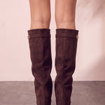 Women's Black Pointed-Toe Fold-Over Knee-High Boots - Brown, side view, full length.