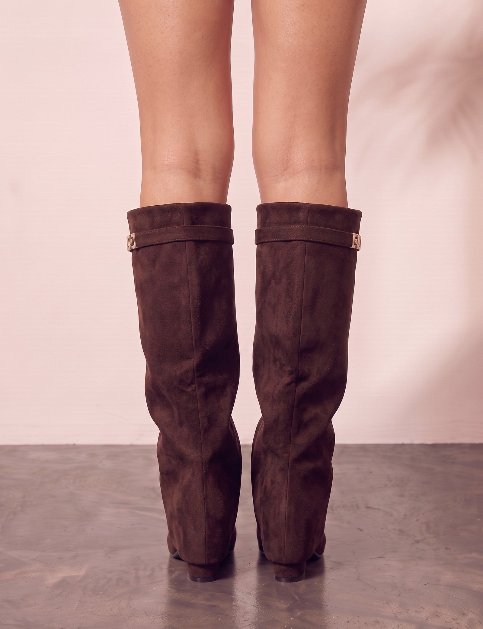 Women's Black Pointed-Toe Fold-Over Knee-High Boots - Brown, side view, full length.
