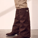 Women's Black Pointed-Toe Fold-Over Knee-High Boots - Brown, side view of the shoe, worn.