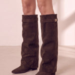 Women's Black Pointed-Toe Fold-Over Knee-High Boots - Brown, three-quarter view from the left, full length.