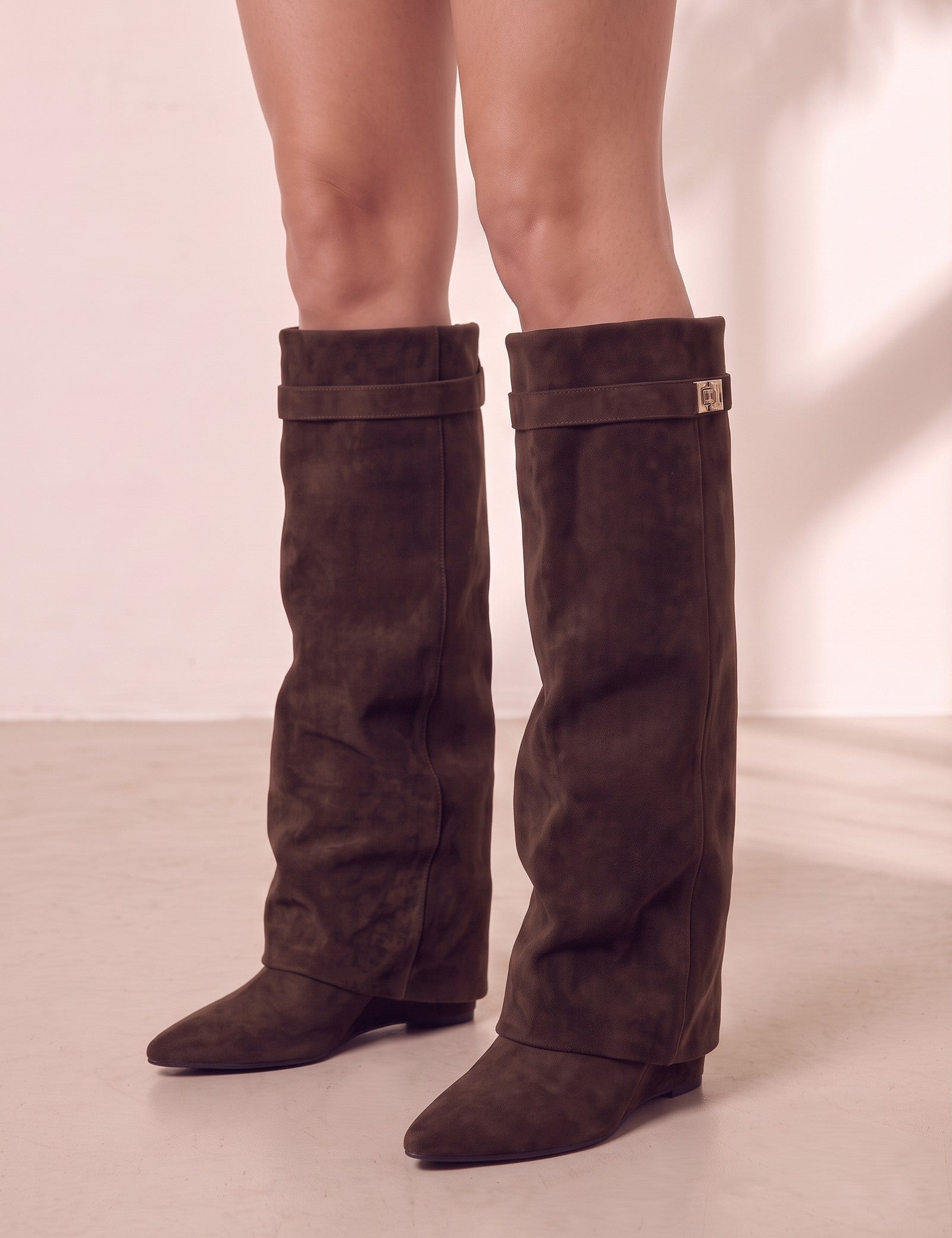 Women's Black Pointed-Toe Fold-Over Knee-High Boots - Brown, three-quarter view from the left, full length.
