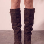 Women's Black Pointed-Toe Fold-Over Knee-High Boots - Brown, three-quarter view from the right, full length.
