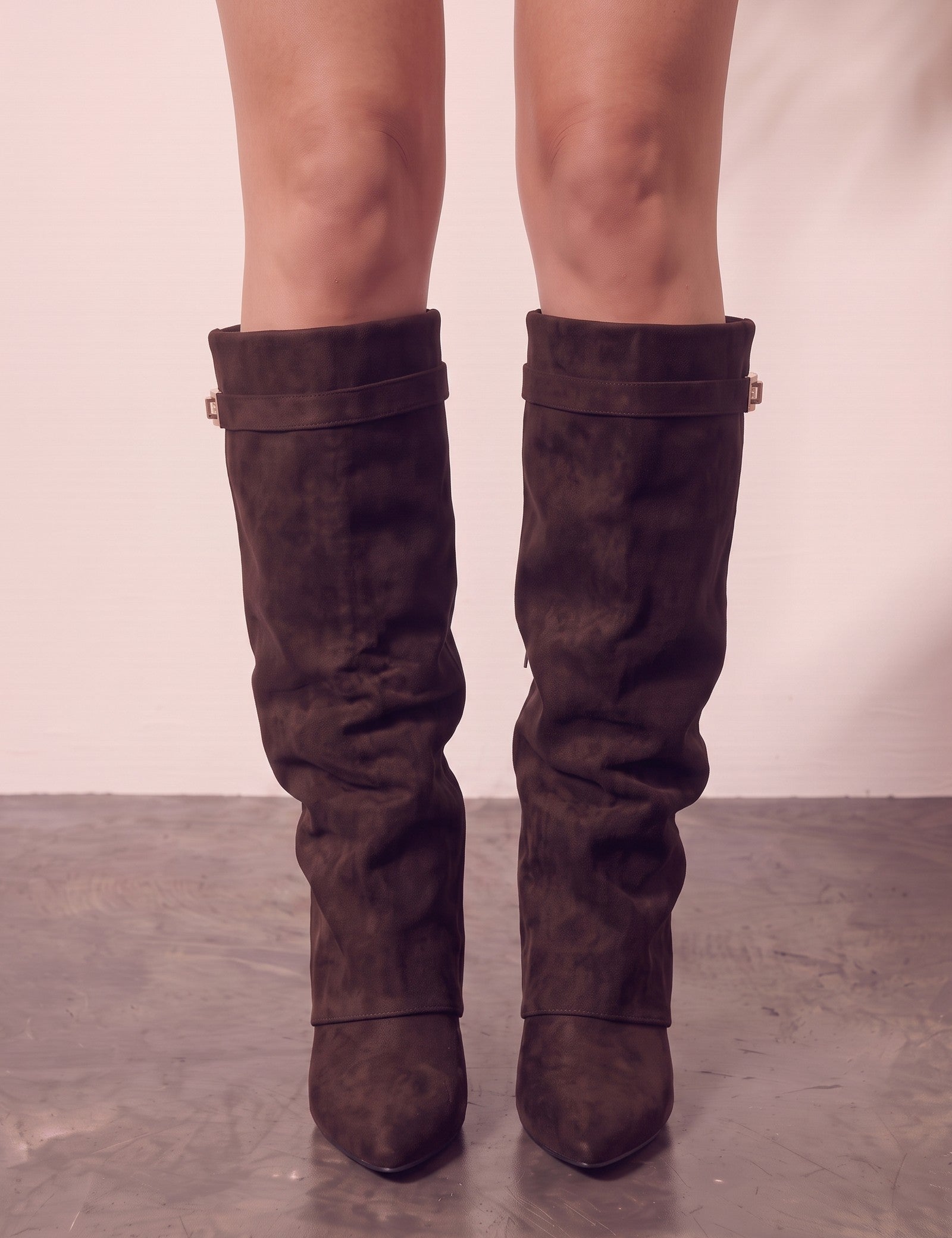 Women's Black Pointed-Toe Fold-Over Knee-High Boots - Brown, three-quarter view from the right, full length.