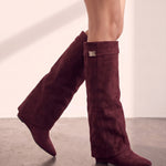 Women's Black Pointed-Toe Fold-Over Knee-High Boots - Burgundy, close-up of the upper body.