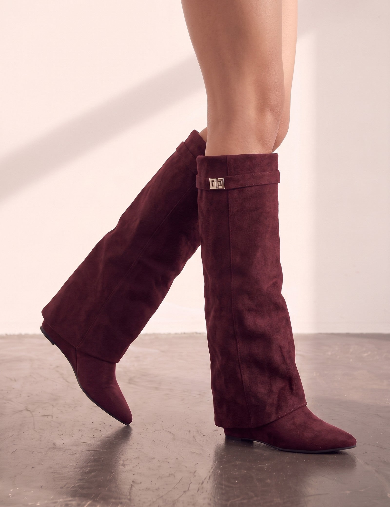 Women's Black Pointed-Toe Fold-Over Knee-High Boots - Burgundy, close-up of the upper body.