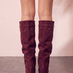 Women's Black Pointed-Toe Fold-Over Knee-High Boots - Burgundy, side view, full length.