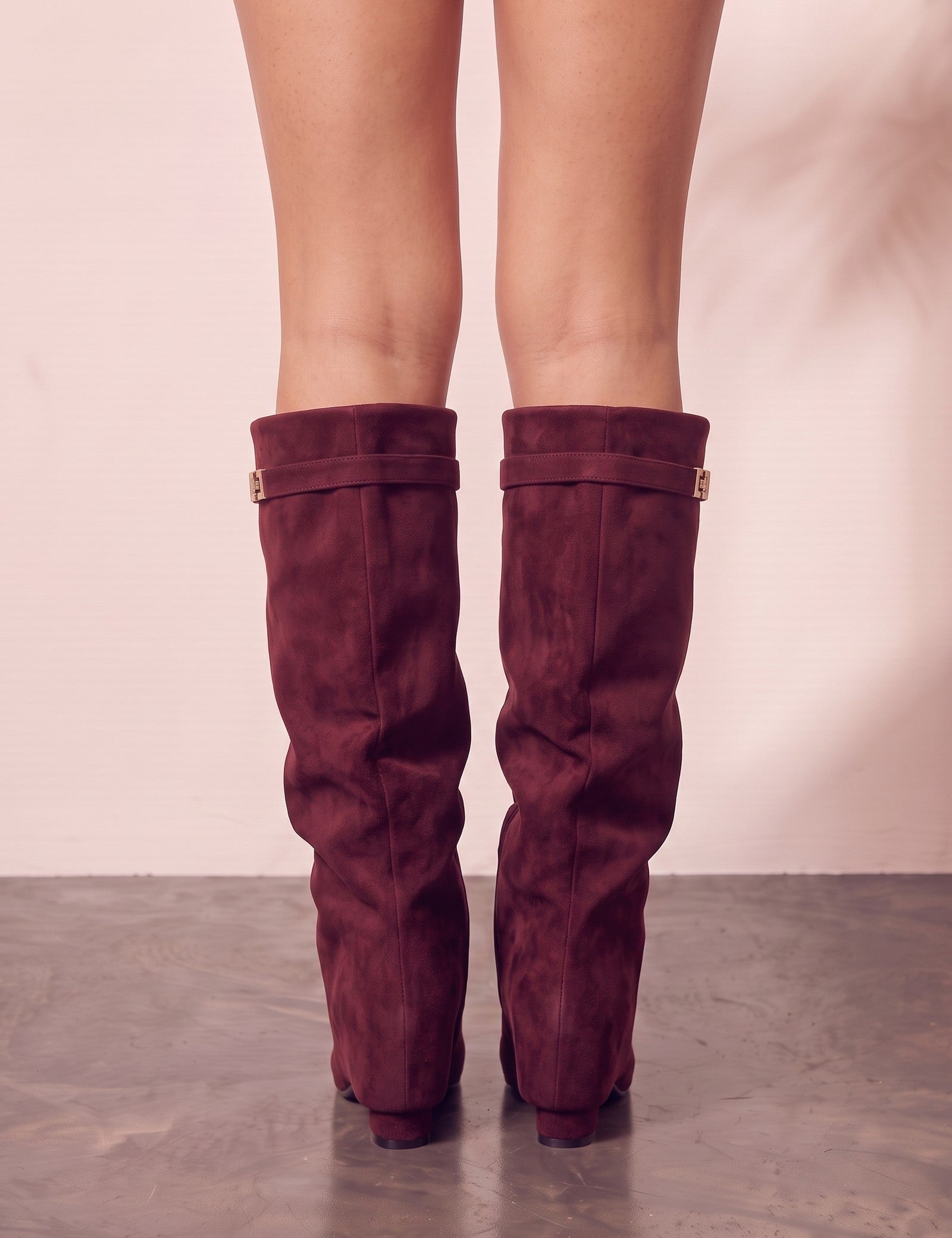 Women's Black Pointed-Toe Fold-Over Knee-High Boots - Burgundy, side view, full length.