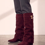Women's Black Pointed-Toe Fold-Over Knee-High Boots - Burgundy, side view of the shoe, worn.