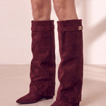 Women's Black Pointed-Toe Fold-Over Knee-High Boots - Burgundy, three-quarter view from the left, full length.