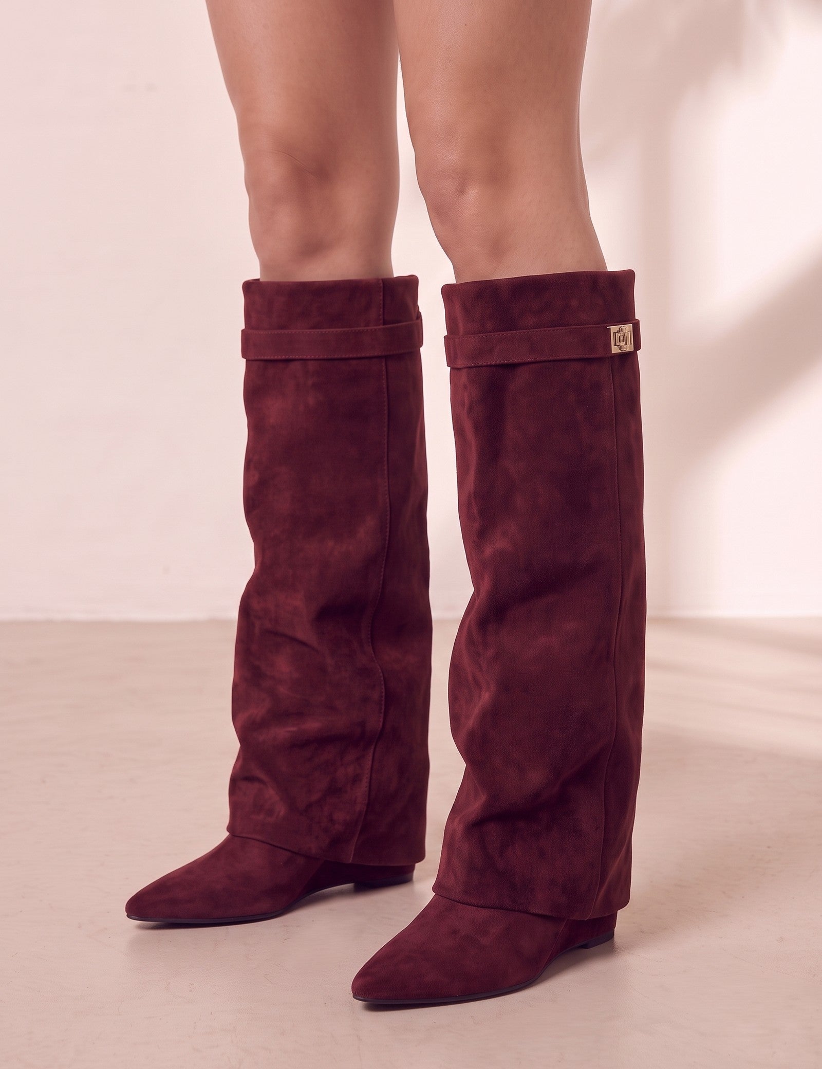 Women's Black Pointed-Toe Fold-Over Knee-High Boots - Burgundy, three-quarter view from the left, full length.