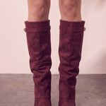 Women's Black Pointed-Toe Fold-Over Knee-High Boots - Burgundy, three-quarter view from the right, full length.