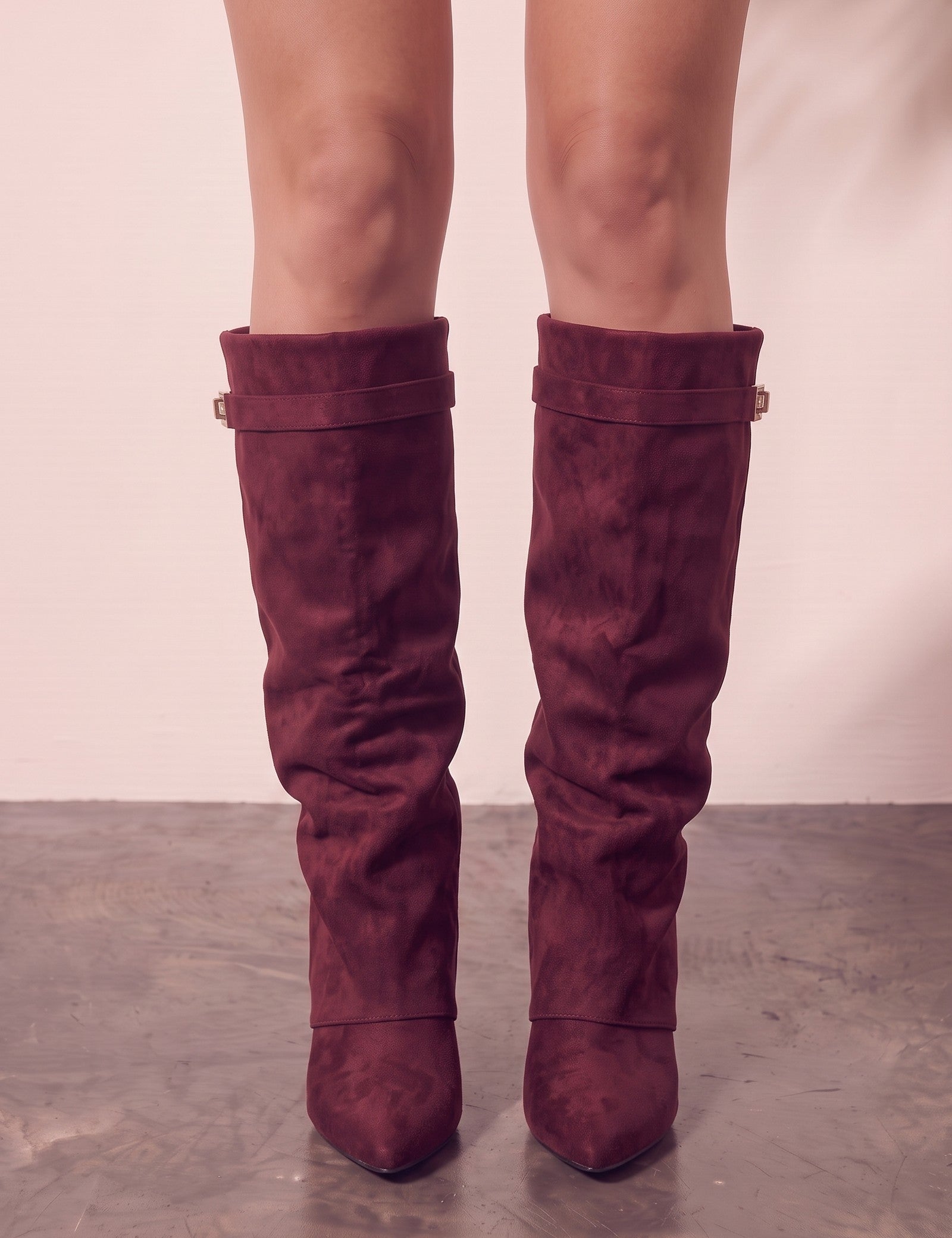 Women's Black Pointed-Toe Fold-Over Knee-High Boots - Burgundy, three-quarter view from the right, full length.