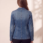 Women's Blue Tailored Denim Blazer with Patch Pockets, close-up of the upper body.