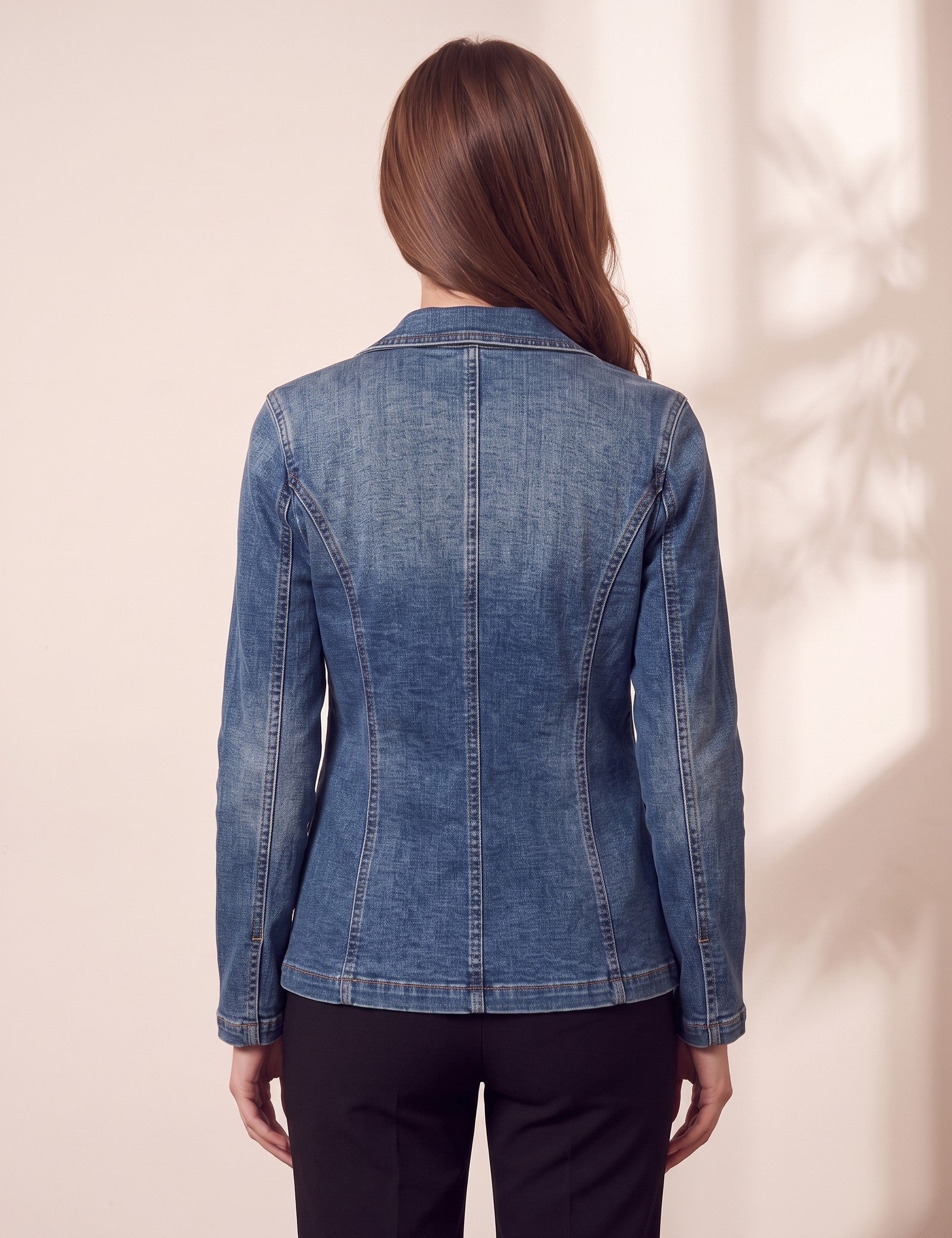 Women's Blue Tailored Denim Blazer with Patch Pockets, close-up of the upper body.