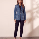 Women's Blue Tailored Denim Blazer with Patch Pockets, front view, full length.